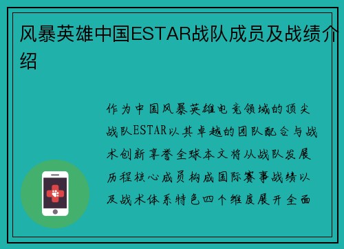 风暴英雄中国ESTAR战队成员及战绩介绍