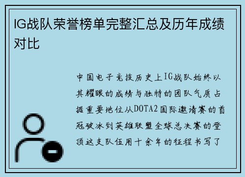 IG战队荣誉榜单完整汇总及历年成绩对比