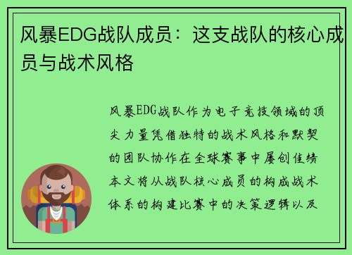 风暴EDG战队成员：这支战队的核心成员与战术风格