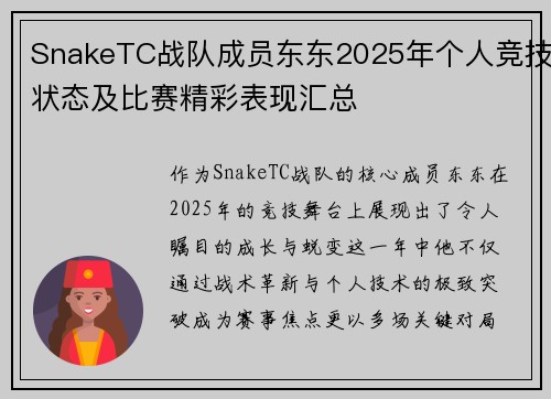 SnakeTC战队成员东东2025年个人竞技状态及比赛精彩表现汇总