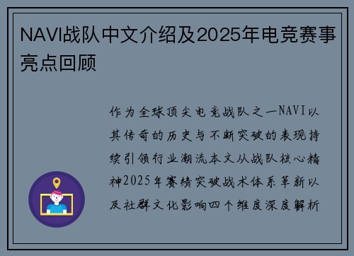 NAVI战队中文介绍及2025年电竞赛事亮点回顾
